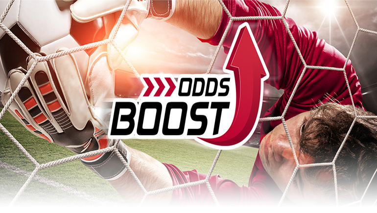 Odds boost-logo met voetballer die op voetbalbal springt