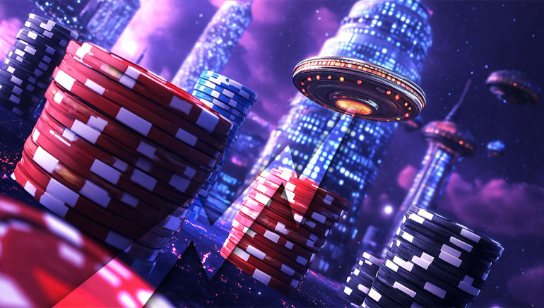 Alien ruimte-crashspel met steden van casinofiches.